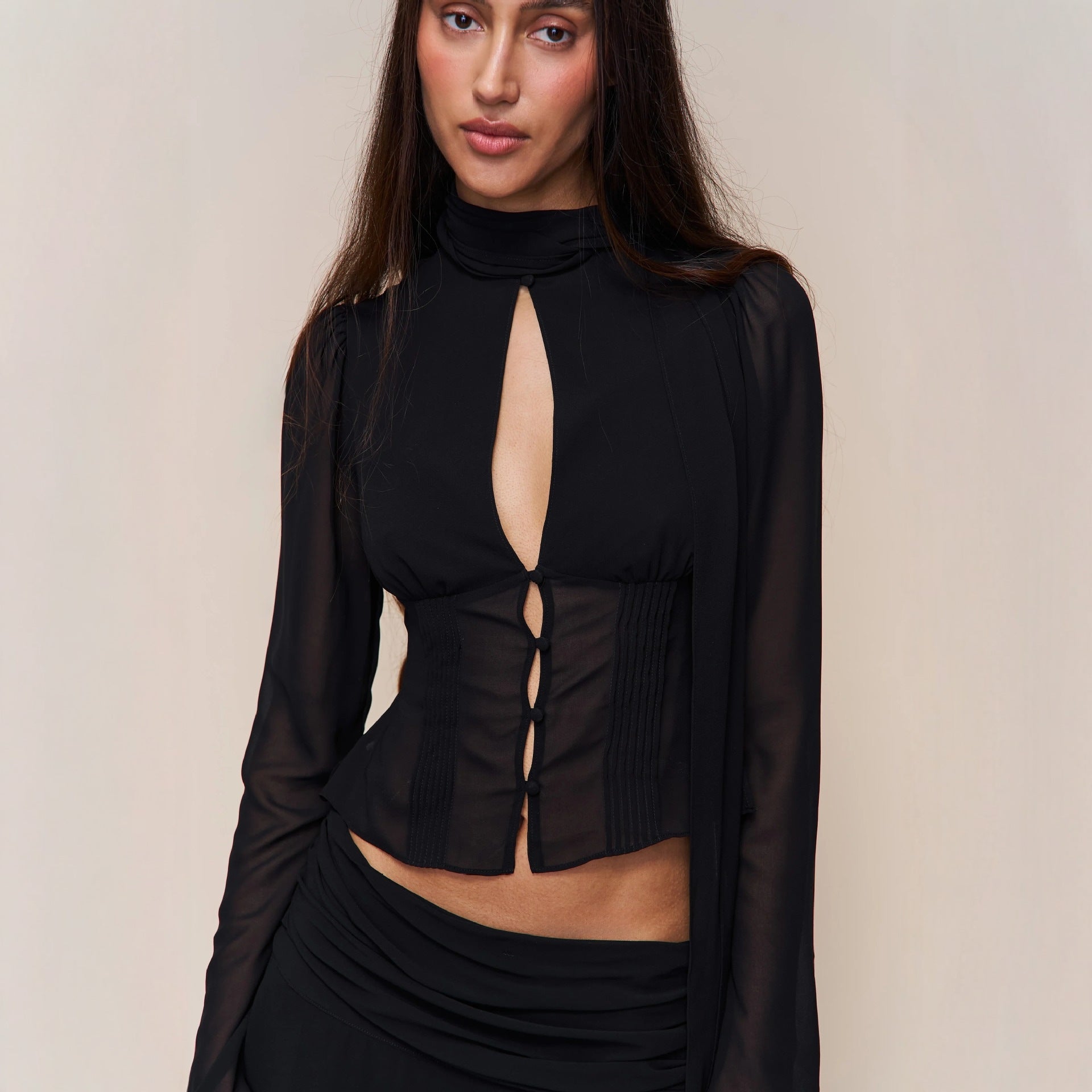 Button Hollow Ribbon Top Shirt Waist Sexy Spice Girl Shirt
