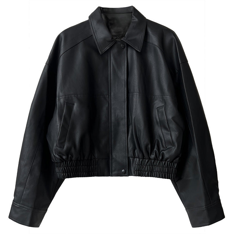 Hong Kong-style leather jacket women's early spring new loose short PU motorcycle leather jacket top