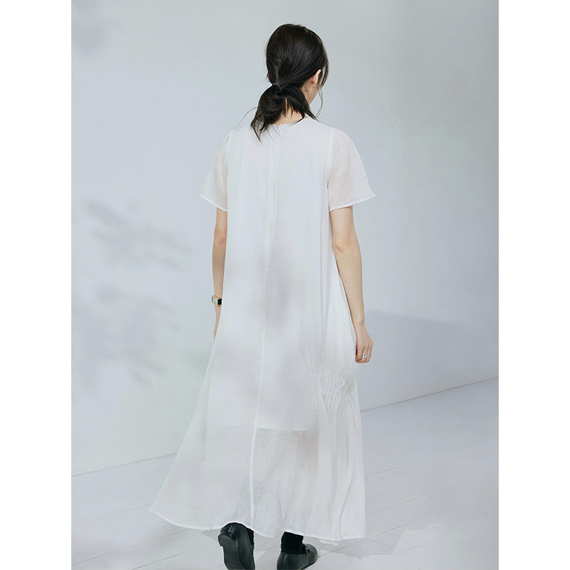 100% Linen Crew Neck Loose Short Sleeve Side Striped Holiday Style Dress