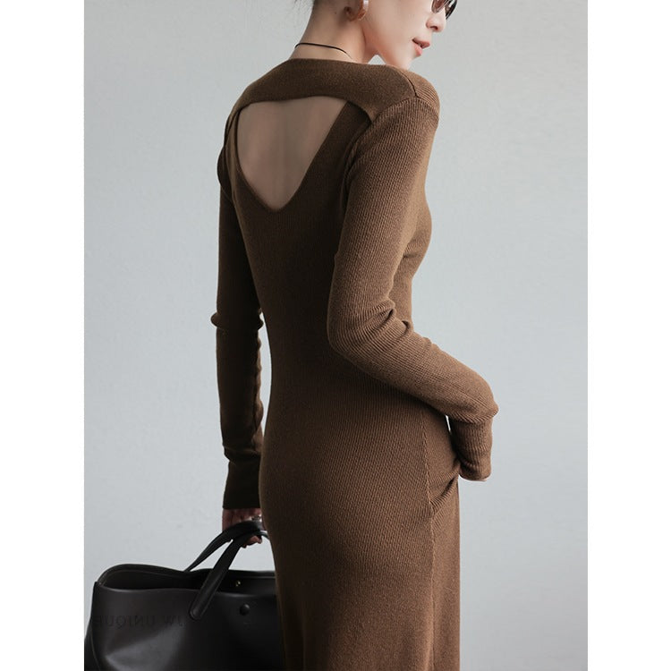 V-Neck Long Sleeve Dress Women High Waist A-Line Knit Midi