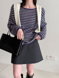 Casual wool retro striped lazy soft waxy knitted sweater women's spring new long-sleeved top