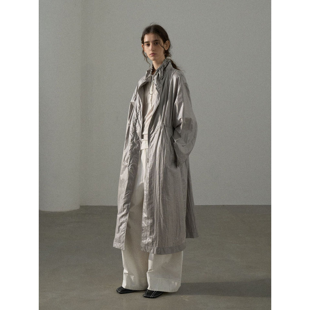 Autumn new commuter waterproof PU coated drawstring dark four-in-one buckle waist trench coat