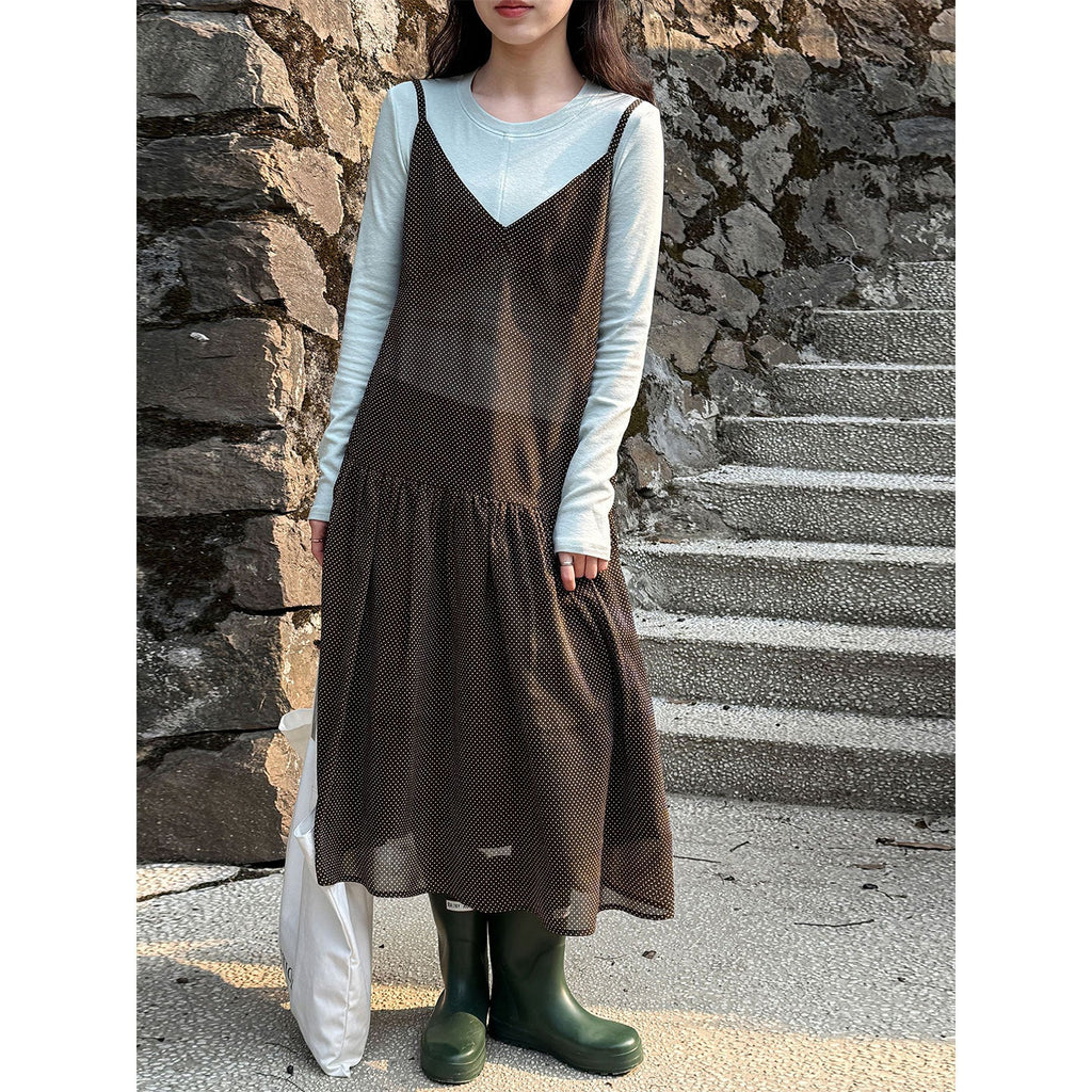 Retro polka dot perspective stacked vest skirt women's 26 early spring new niche lazy wind suspender skirt