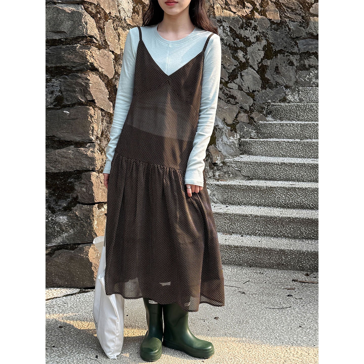Retro polka dot perspective stacked vest skirt women's 26 early spring new niche lazy wind suspender skirt