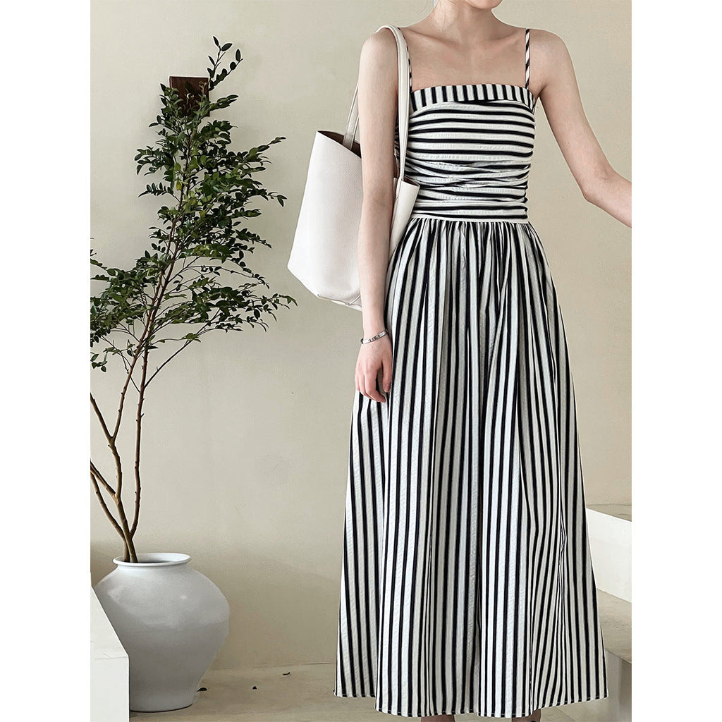 French striped tube top suspender dress for women's high-end off-the-shoulder pleated waist A-word long dress summer