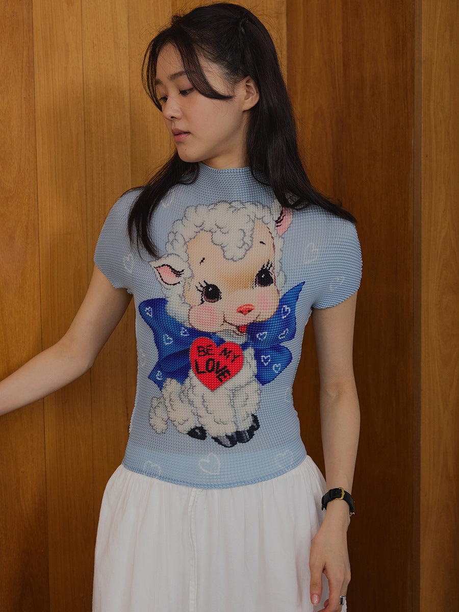 High Elasticity Fun Printing Flesh Cover Skinny Shoulder Short Sleeves