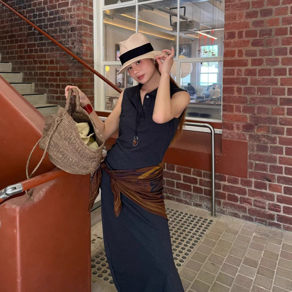 Lapel High Waist Sleeveless A-Line Maxi Dress