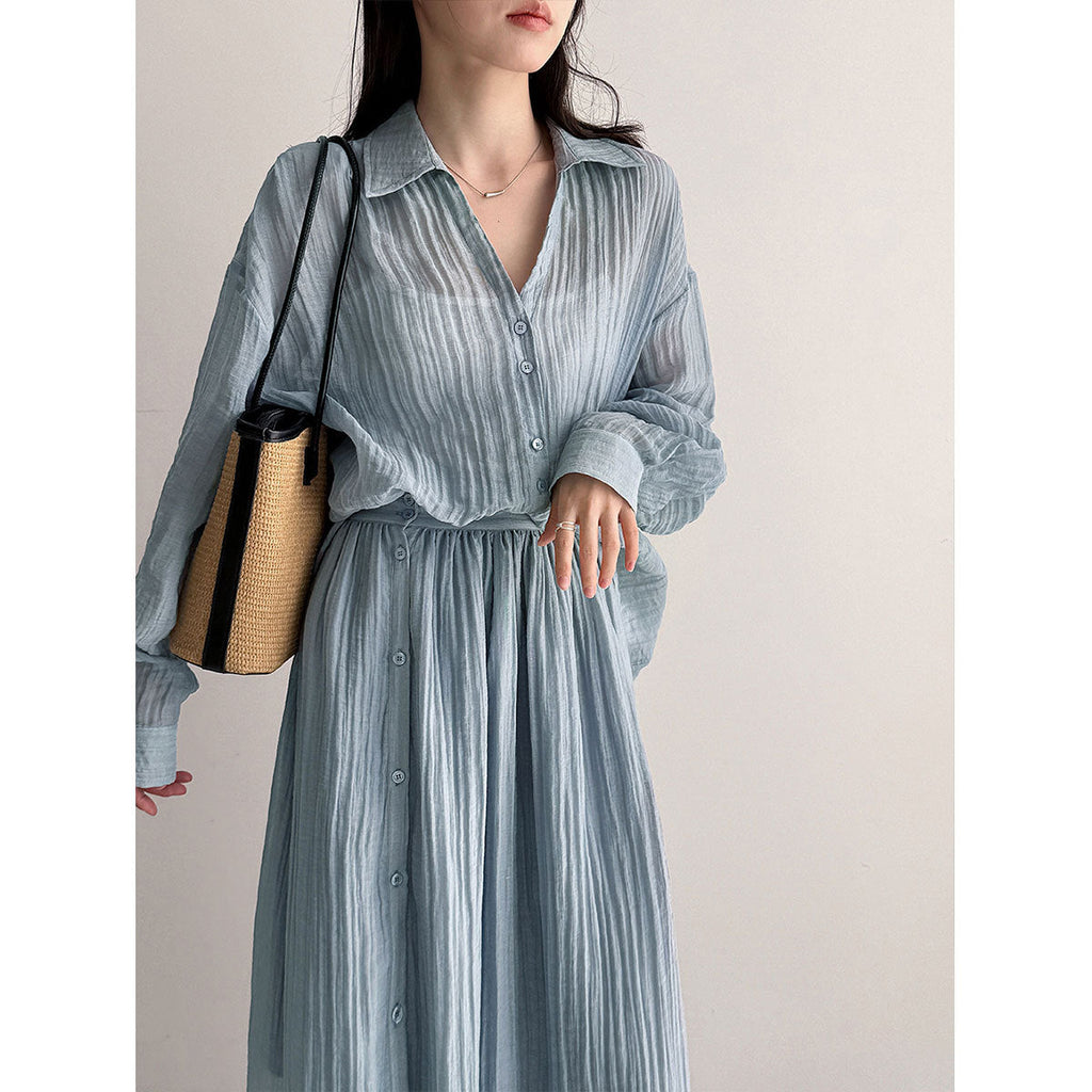 Lazy pleated shirt jacket + skirt women's spring new casual two-piece set