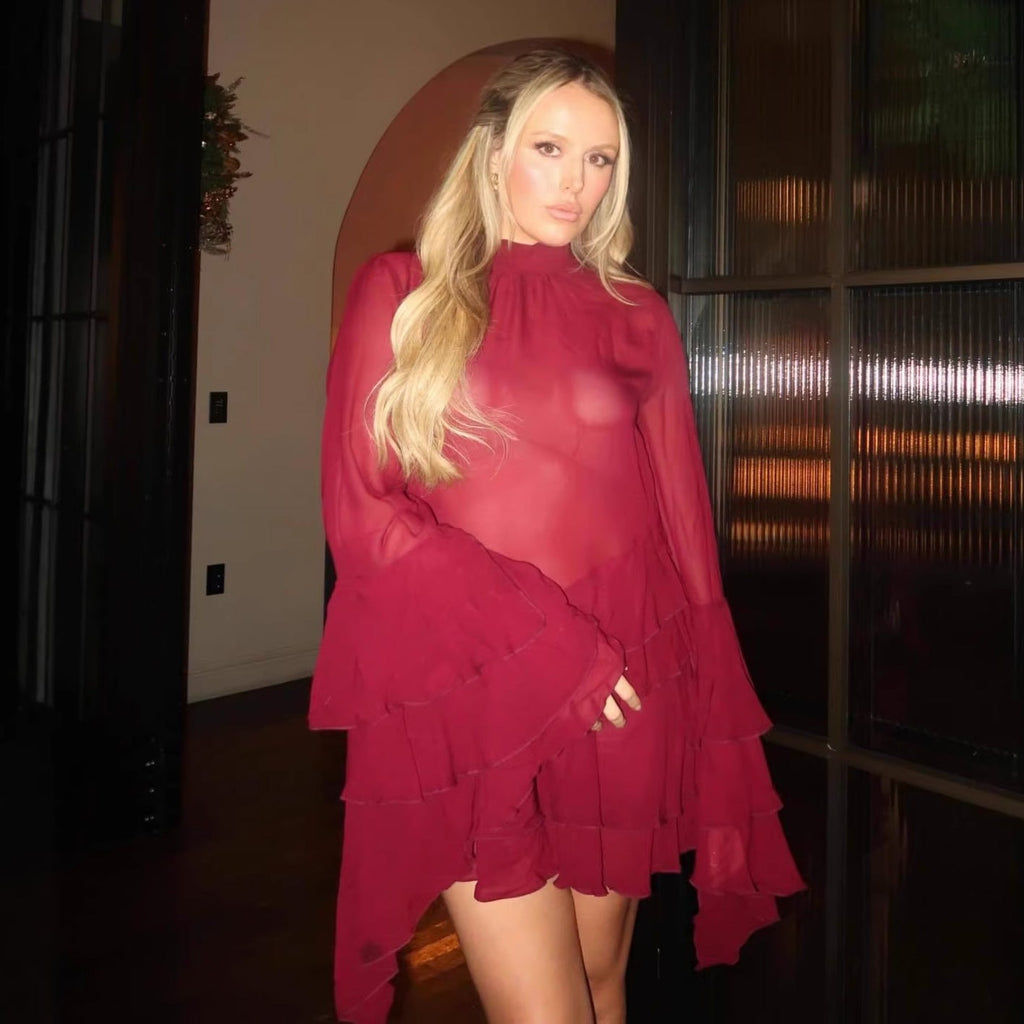 New vacation style horn sleeve cake short skirt ruffle edge sexy chiffon dress women