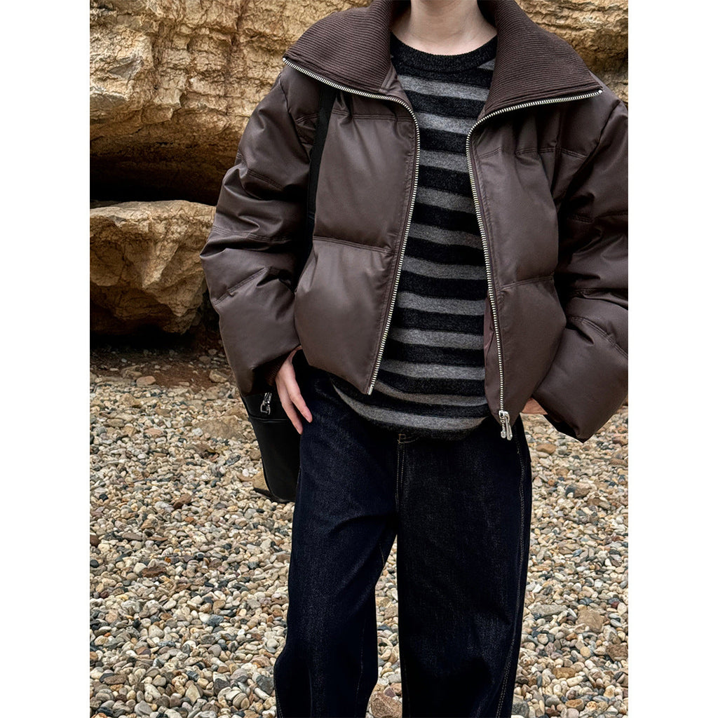 Black label, peace of mind 90 white duck down short bread jacket large lapel splicing pu leather down jacket women's winter new Y70