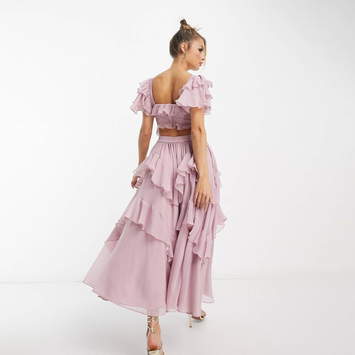 Holiday lace halter hollow cake skirt ruffle pleated long skirt