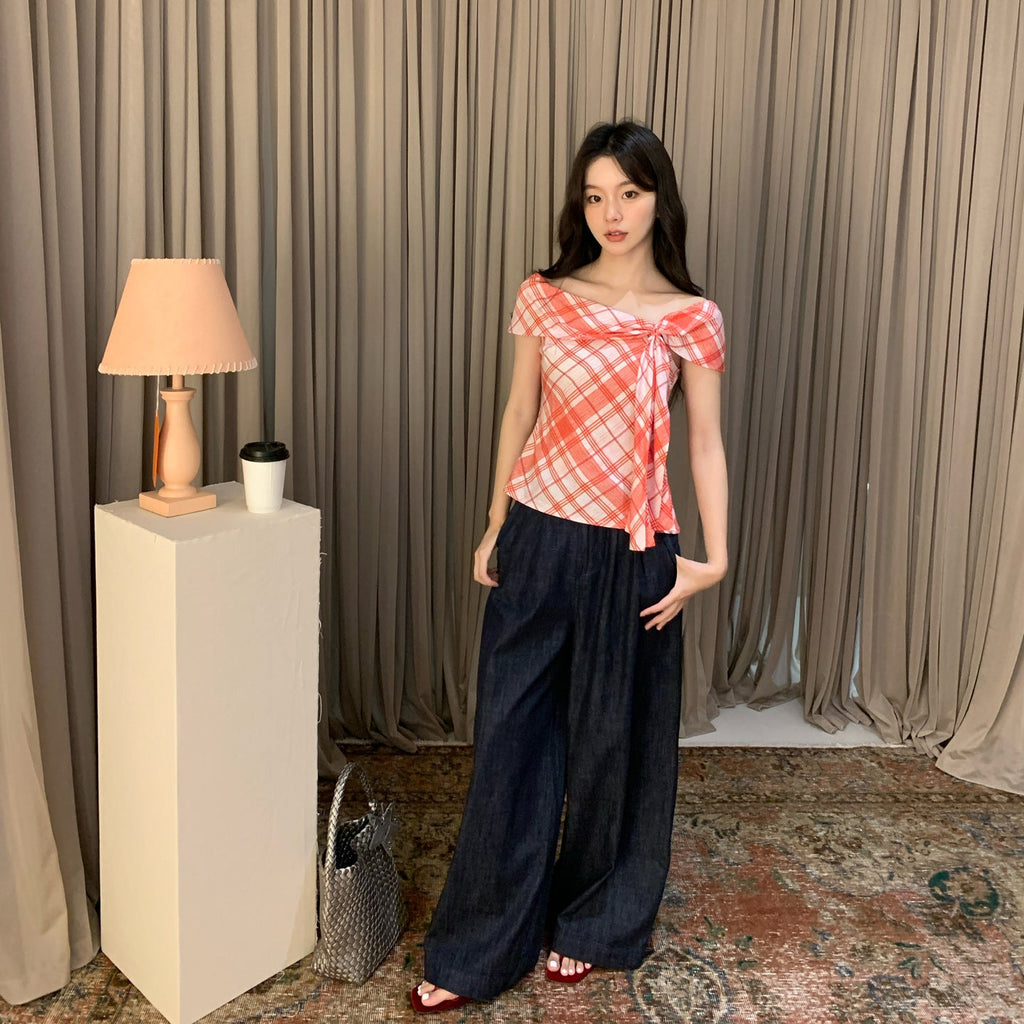 Retro beautiful top design streamer plaid t-shirt
