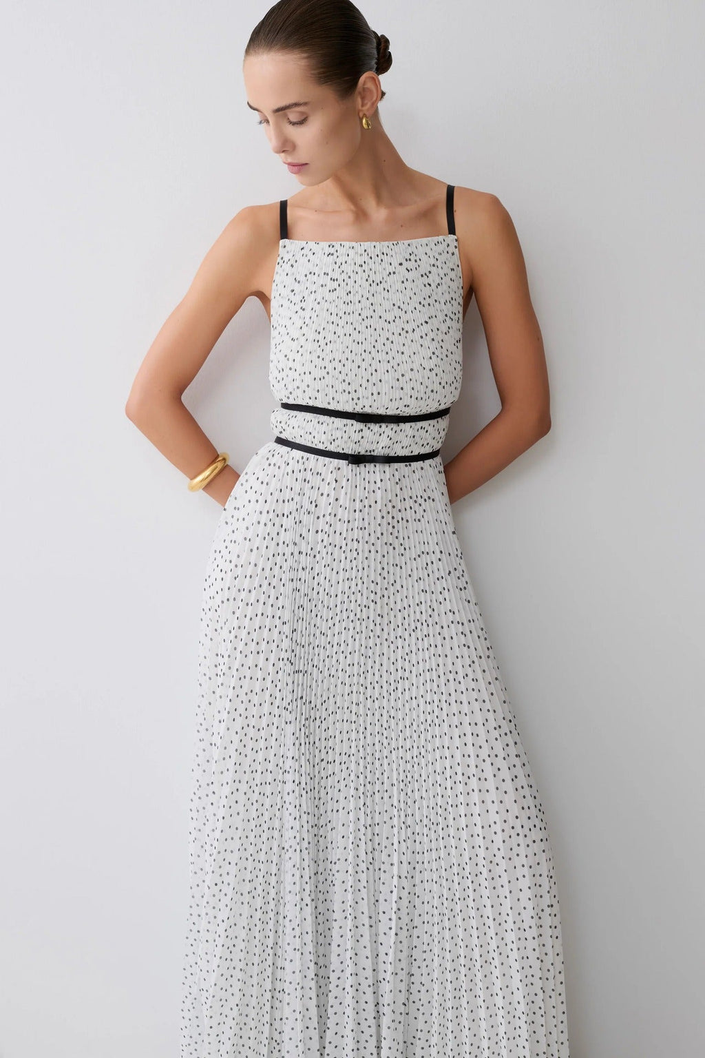 French polka dot pleated skirt waist sexy backless holiday style suspender dress