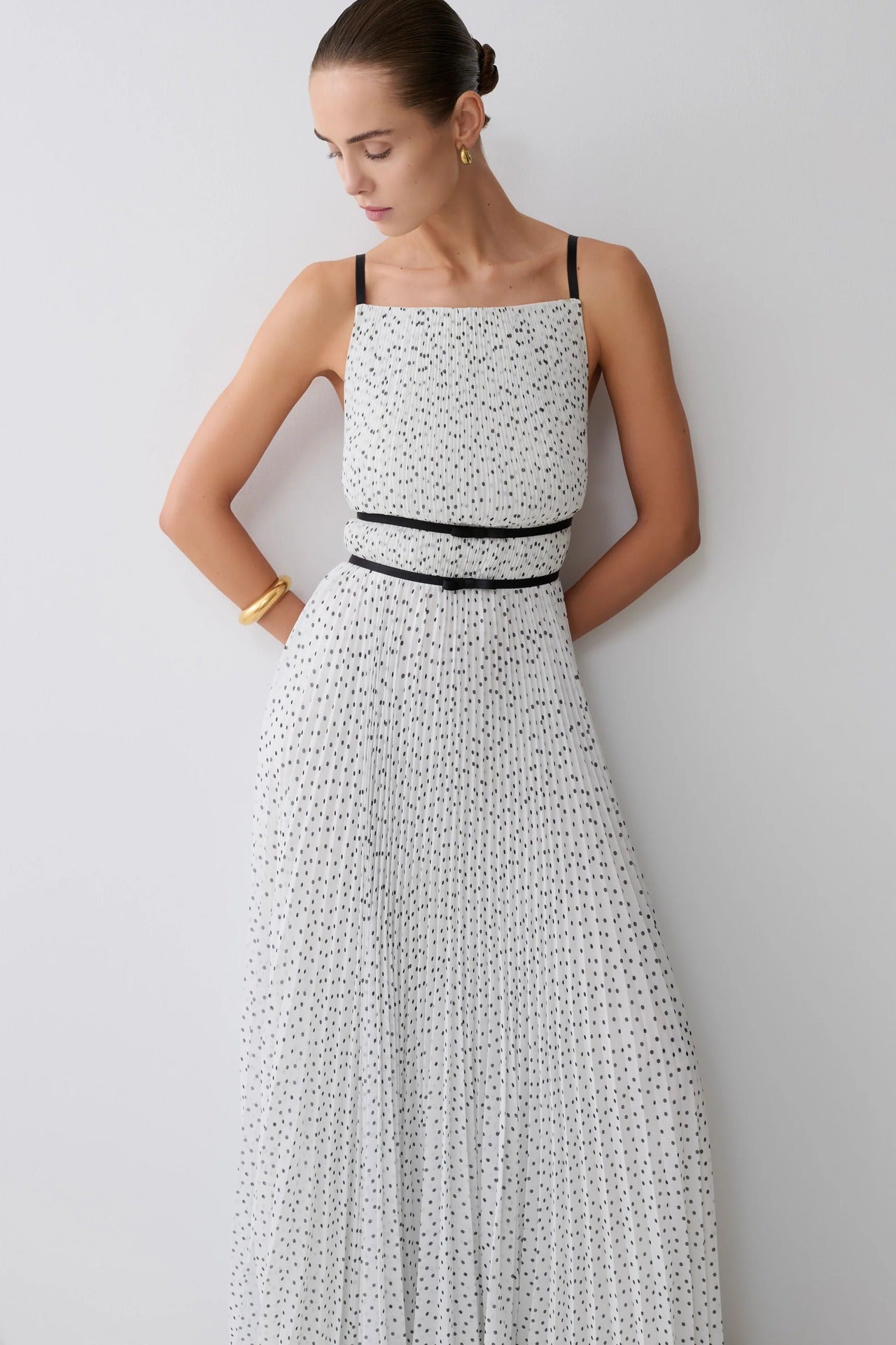 French polka dot pleated skirt waist sexy backless holiday style suspender dress