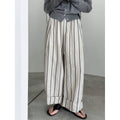 Japanese retro linen crimped casual pants spring new vertical striped nine-point wide-leg pants