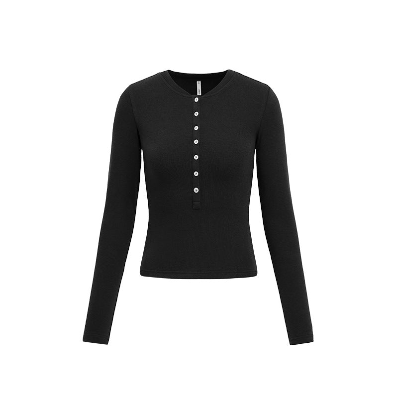 Henley Collar Slim Top Women Round Neck Long Sleeve Fitted T-Shirt
