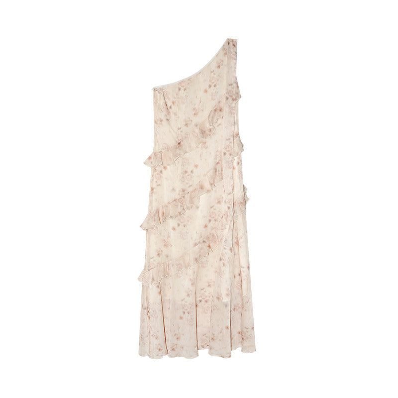 Sweet age-reducing fungus edge floral one-shoulder suspender dress