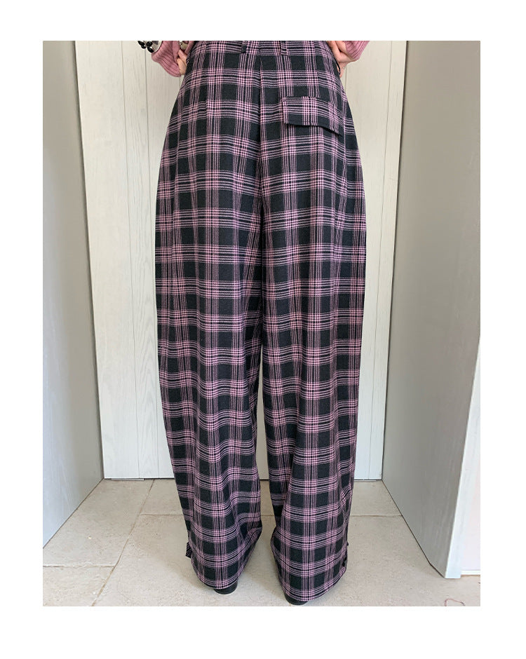 Vintage contrasting plaid leggings loose wide-leg pants