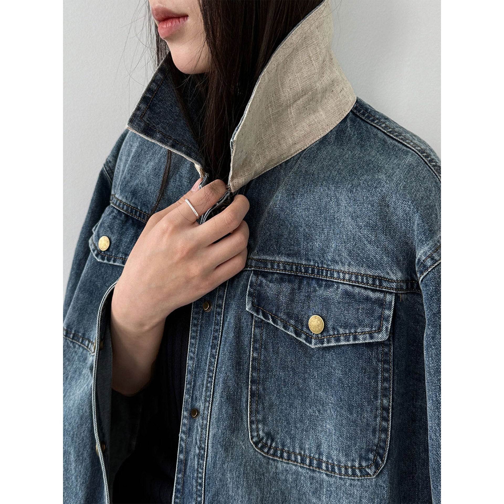 Vintage washed denim jacket women's spring new lapel lace-up waist jacket top