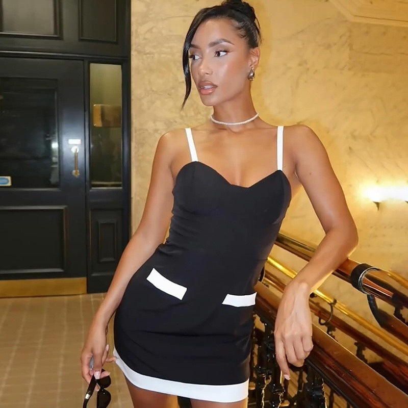 Women's clothing fashion hot girl short skirt style sexy slim fit contrasting color temperament v-neck suspender skirt woman