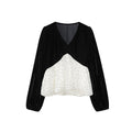 Age-reducing splicing long-sleeved V-neck velvet sweater