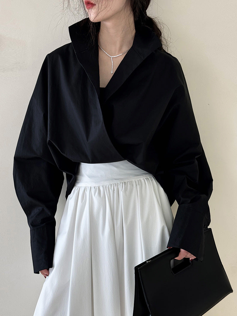 Silhouette stacked stand-up collar deep V-neck white shirt women's lazy bat sleeve temperament large version commuter shirt