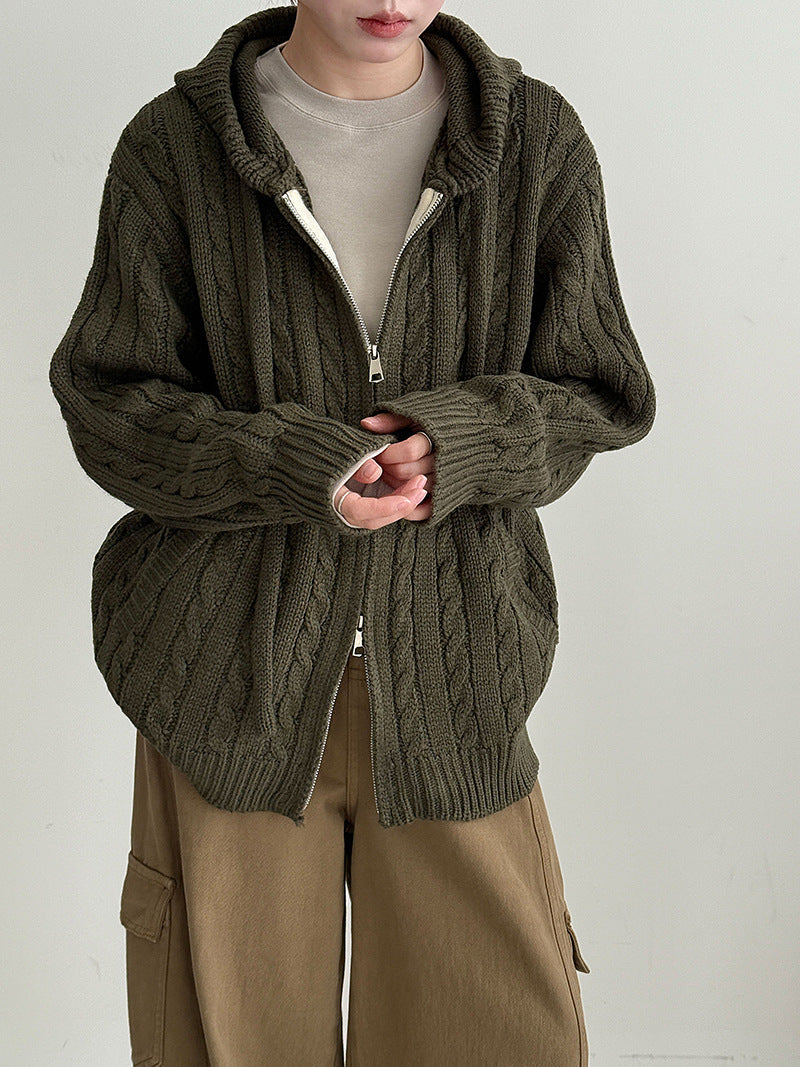 American retro cable knit hooded double zipper sweater cardigan for women - thick chunky knit fall/winter outerwear