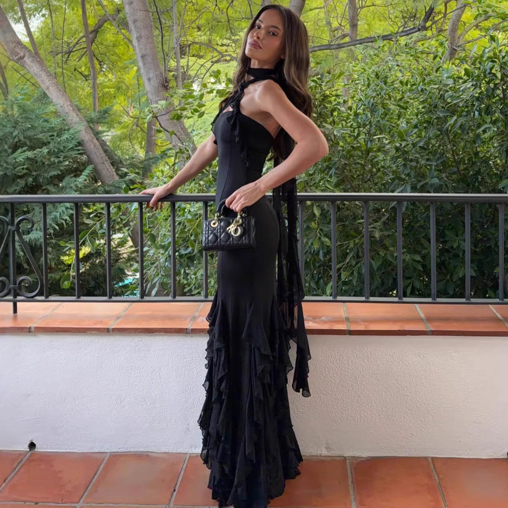 New ruffle leaf edge sexy halter neck hip skirt slim holiday style European and American dress