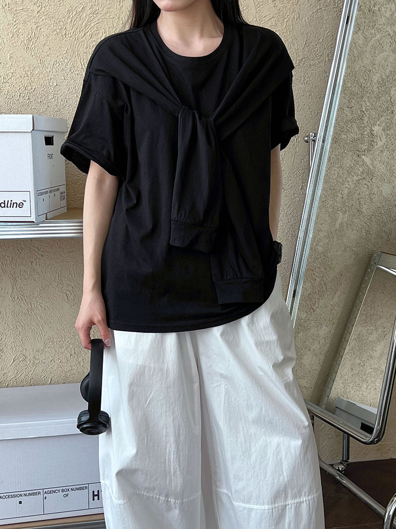 Korean simple fashion shawl fake two-piece T-shirt women's spring and summer new products age-reducing stacked short-sleeved top