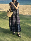 Vintage Plaid Double Pocket Crew Neck Vest Dress