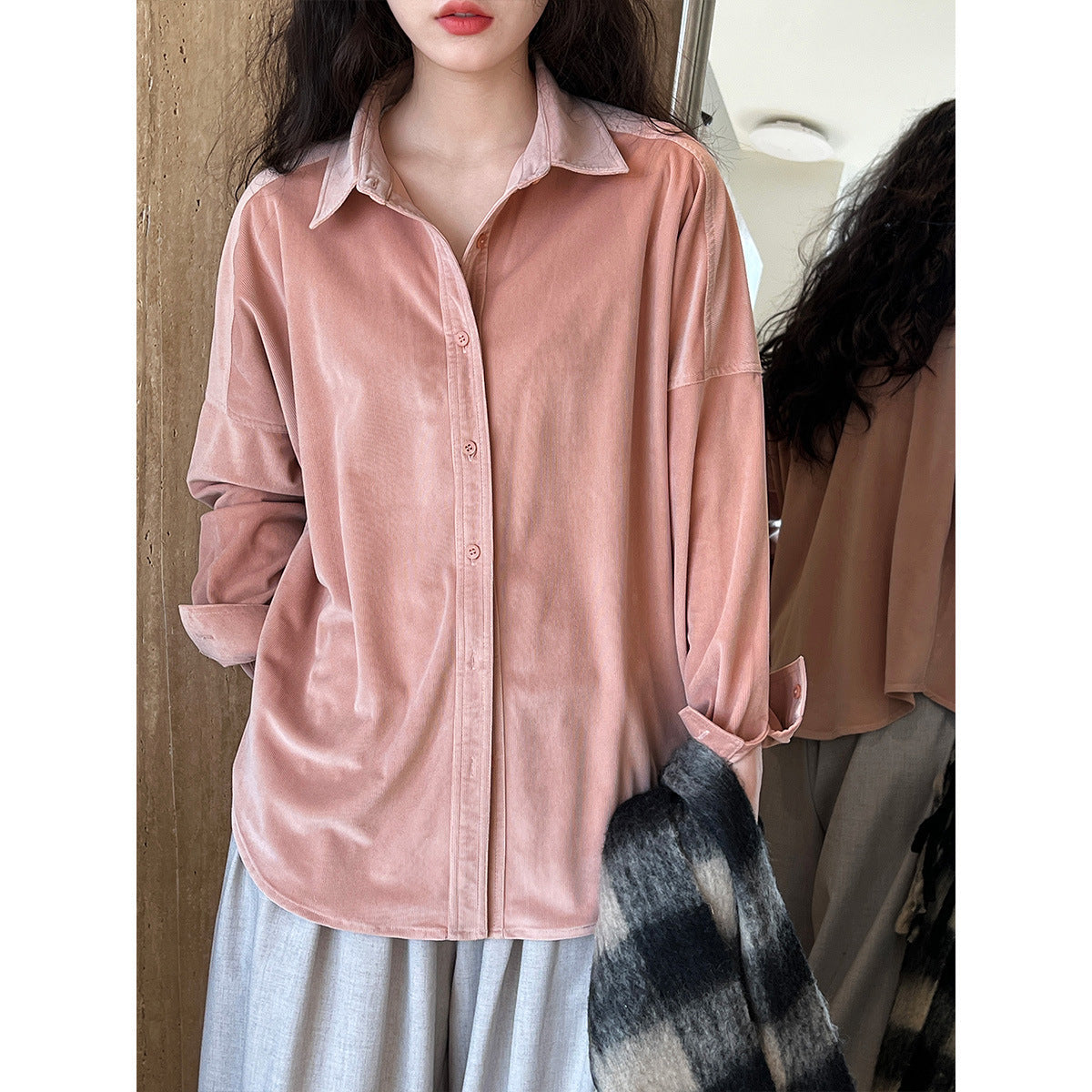 Japanese minimalist thickened brushed corduroy shirt for women