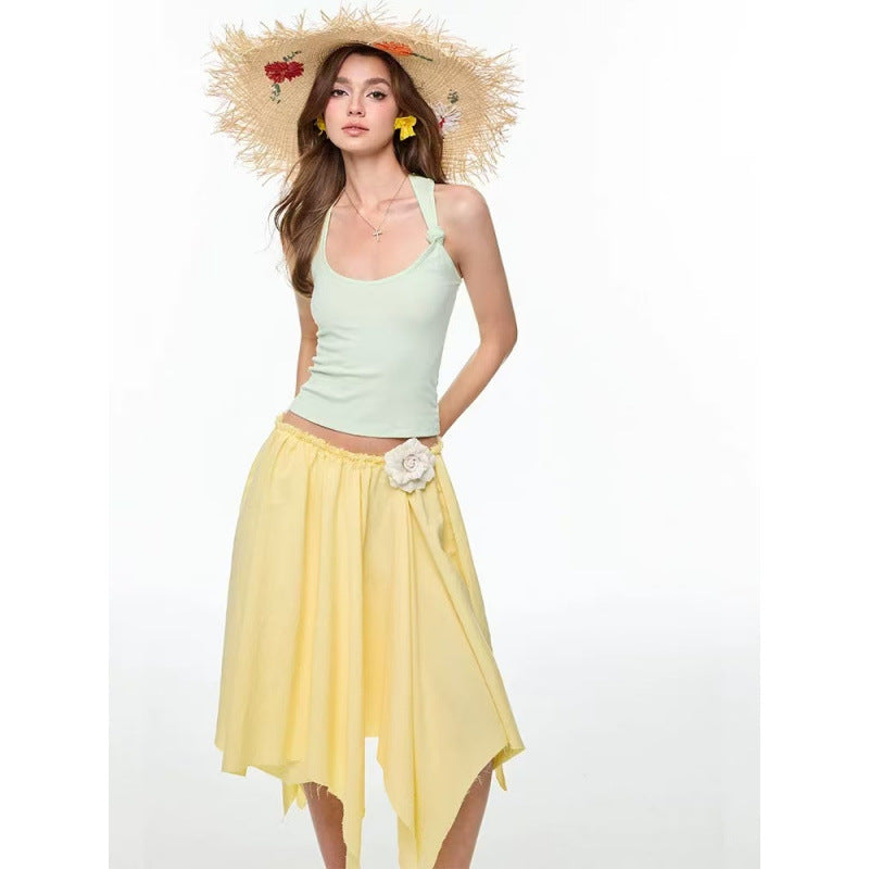 Yellow Flower Dress Spice Girl Multi-Wear Suspender Skirt French Vacation Dress