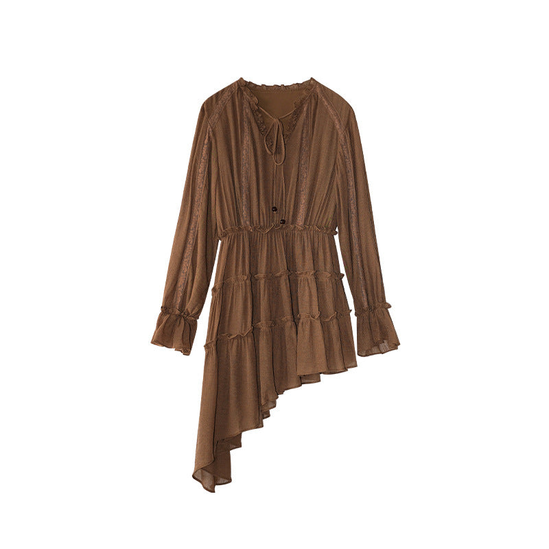 Autumn French age-reducing temperament irregular beveled hem shirt dress