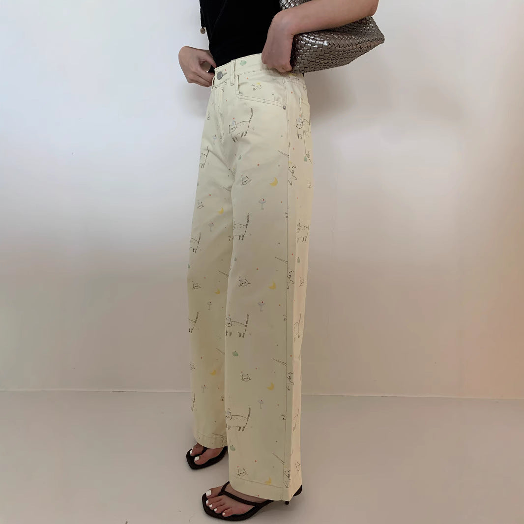 Loose Cartoon Print High Waist Straight Jeans