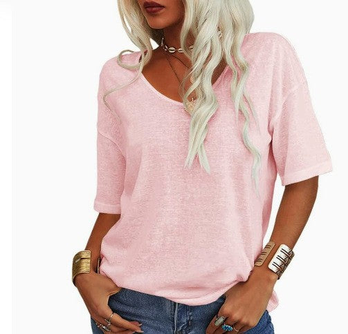 V-Neck Short Sleeve T-Shirt Women Loose Fit Casual Cotton Top