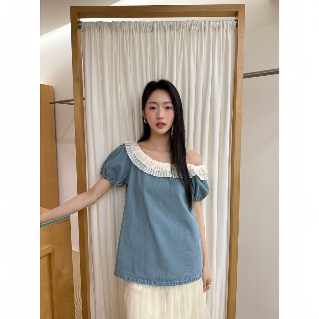 French style retro shirt women's fungus edge denim slanted shoulder top