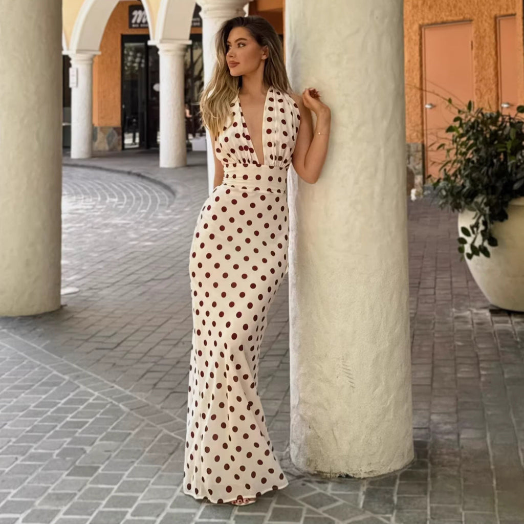 New fashionable and sexy polka dot hip skirt waist slim holiday style neck dress women