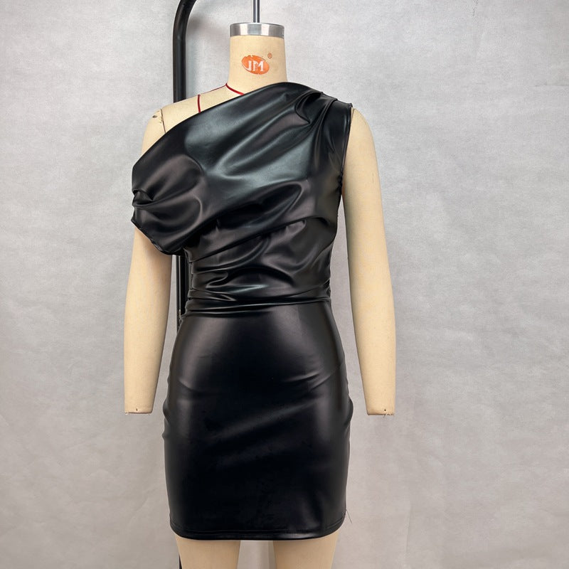 One-Shoulder PU Leather Mini Dress