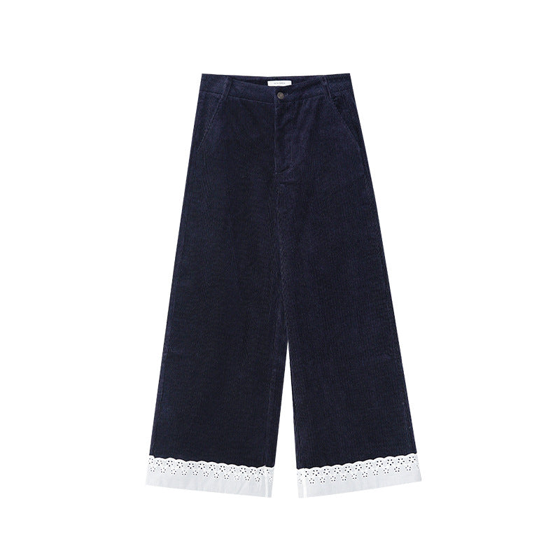 Splicing lace corduroy straight-leg pants