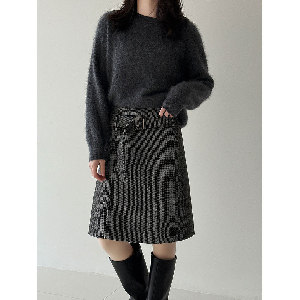 Retro high-waisted temperament and thin woolen skirt women's winter new belt versatile loose skirt
