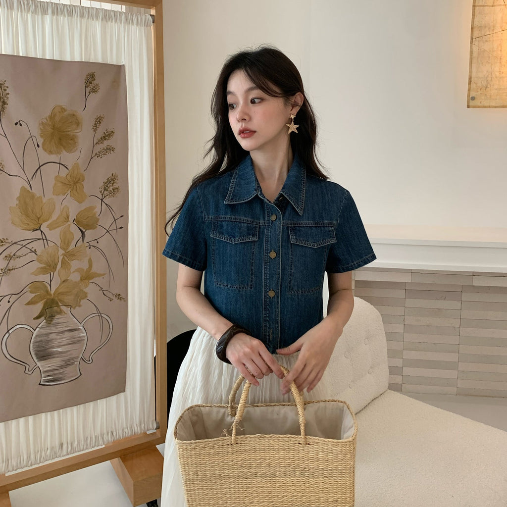 Lapel Small Short Sleeve Denim Short Jacket