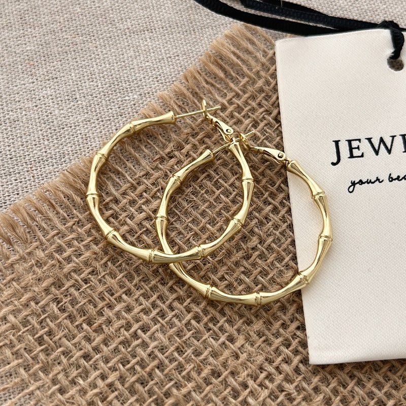 925 Silver Needle Personalized Bamboo Glossy Large Ring Earrings Women's New Light Luxury Premium Earrings Earrings