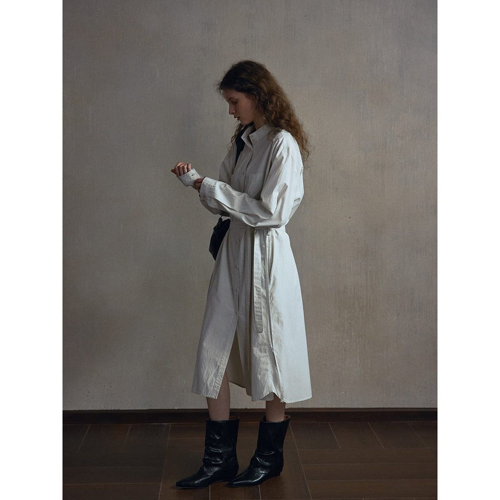 Cotton skin-friendly stand-up collar lace-up shirt dress, simple and loose coat-style long skirt