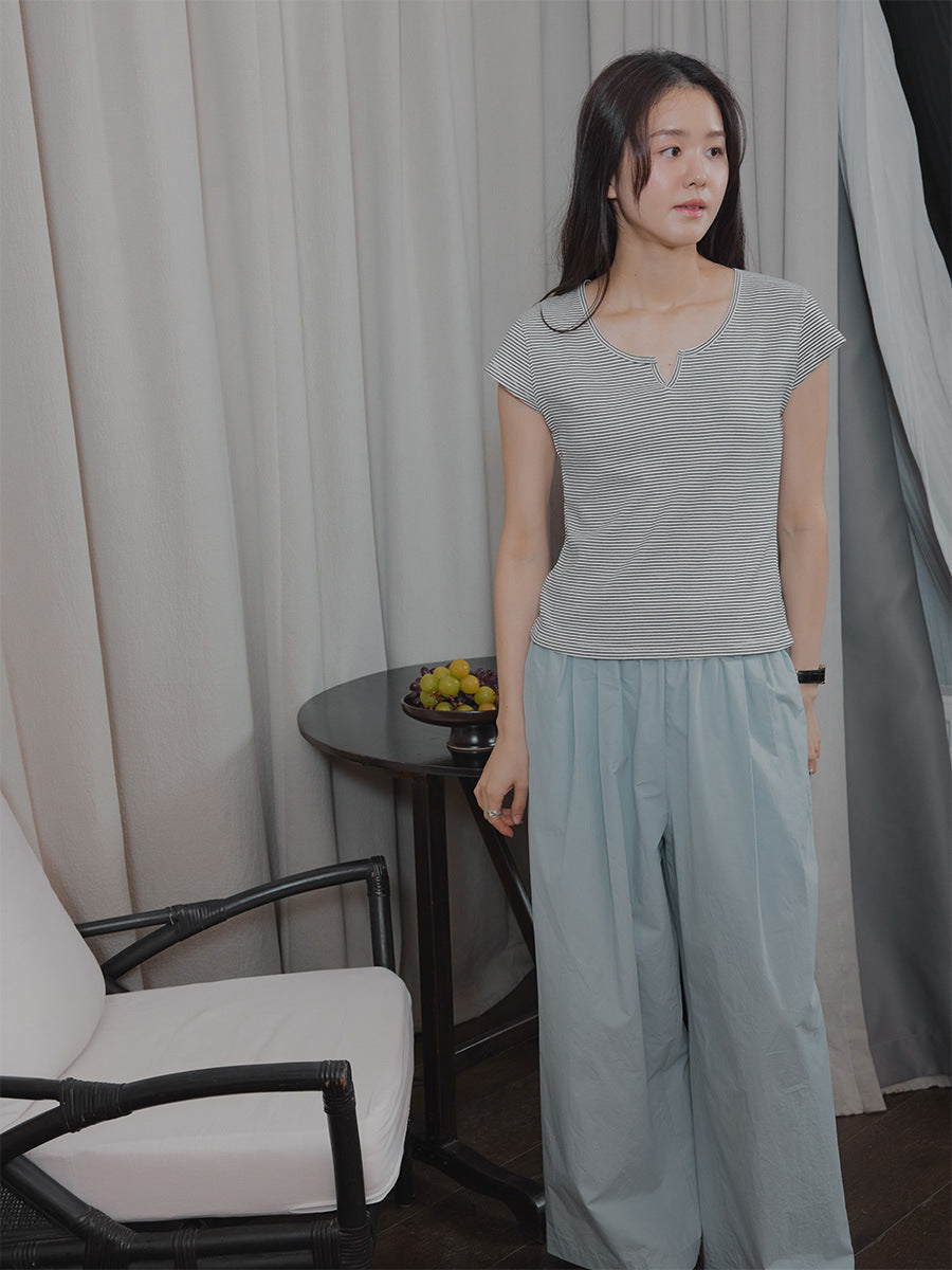 V-mouth round neck small flying sleeves skin-friendly short-sleeved T-shirt women's top