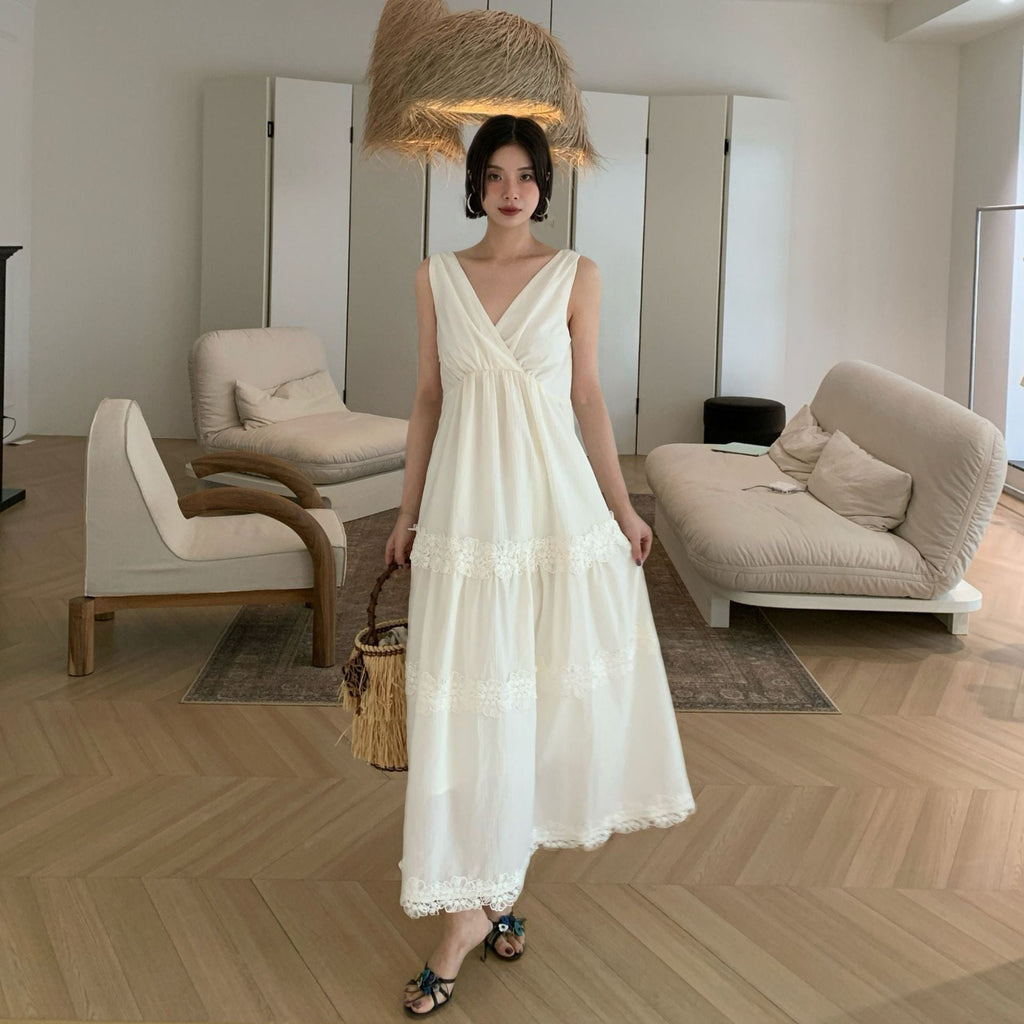 Vacation temperament lace v-neck sleeveless dress