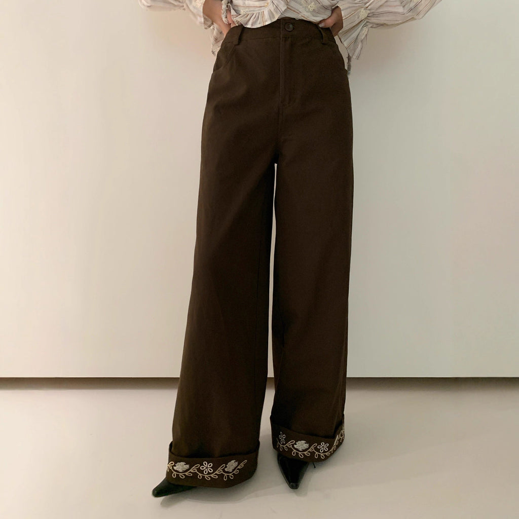 Straight trousers high waist embroidered hemmed slacks