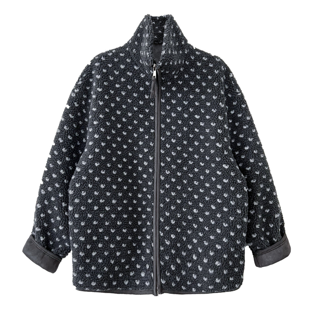 Korean style retro polka dot lambswool stand collar top - warm women's winter new double zipper jacket