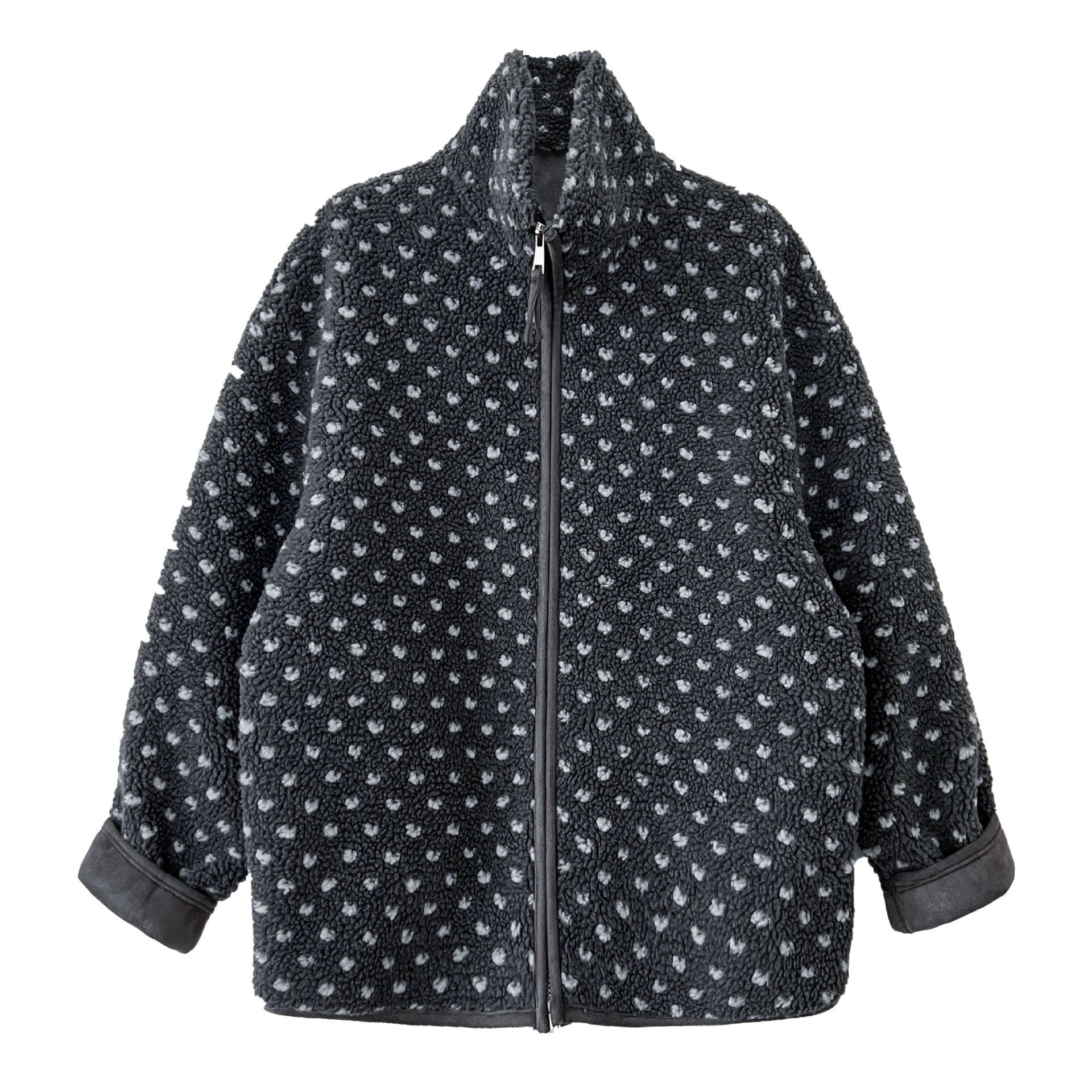 Korean style retro polka dot lambswool stand collar top - warm women's winter new double zipper jacket