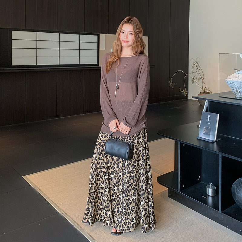 Spring retro fashion leopard print skirt slim elegant tulle dress