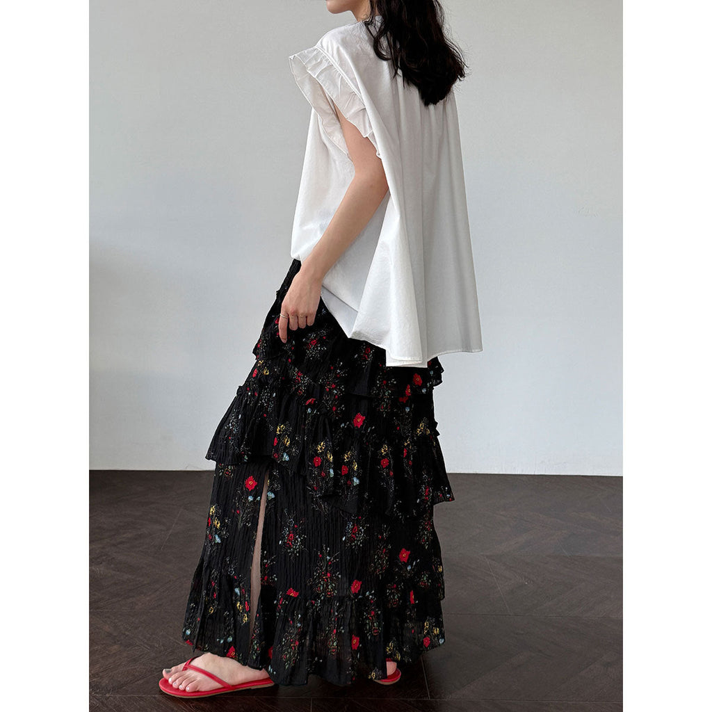 French romantic split cake skirt women's summer new fluffy pleated floral skirt long dress